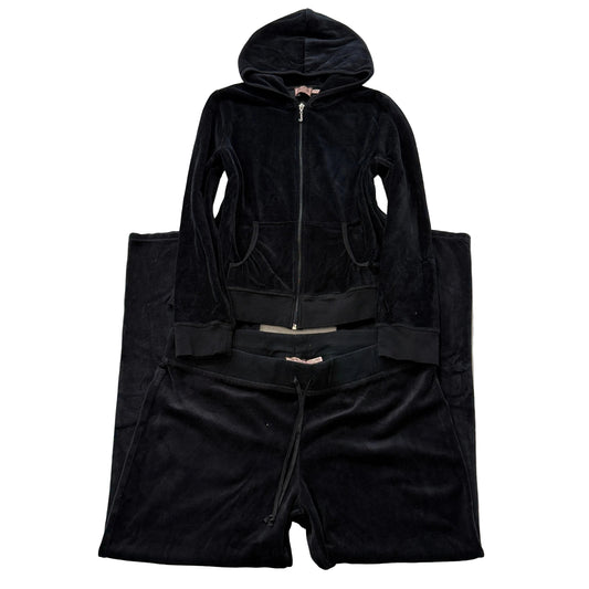 Juicy Couture Women's Black Velour Tracksuit Set Hoodie & Flared Pants Size XL