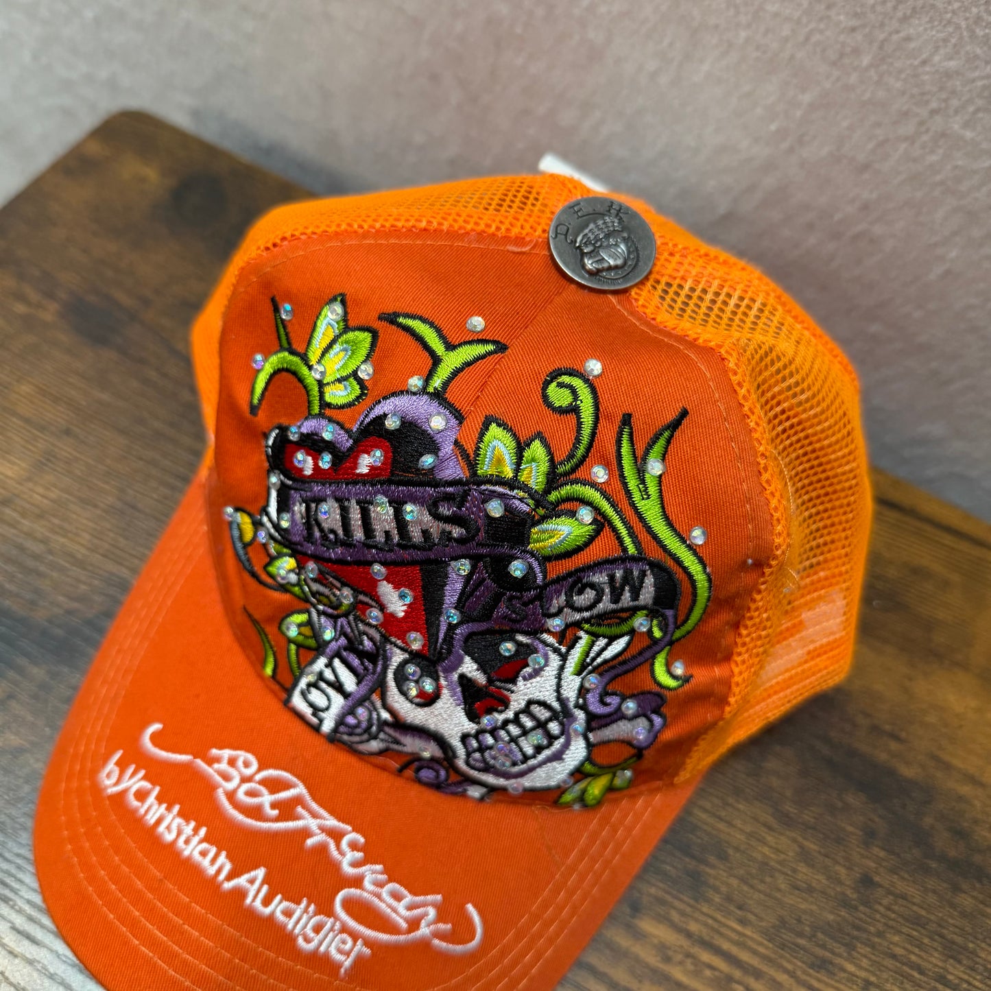 Ed Hardy Christian Audigier Love Kills Slowly Men Orange Embroidered Trucker Hat
