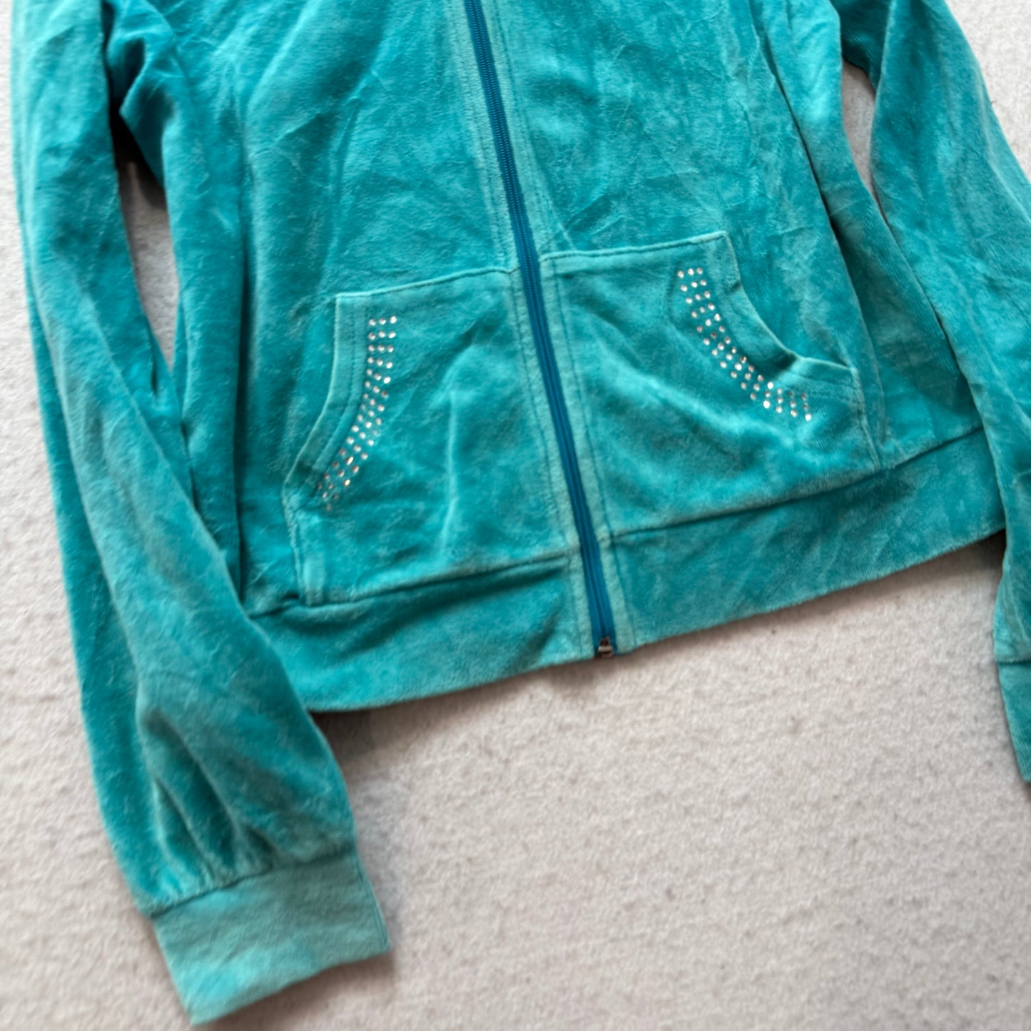 Juicy Couture Womens Teal Velour Zip-Up Hoodie Unicorn Graphic Logo Y2K Size L