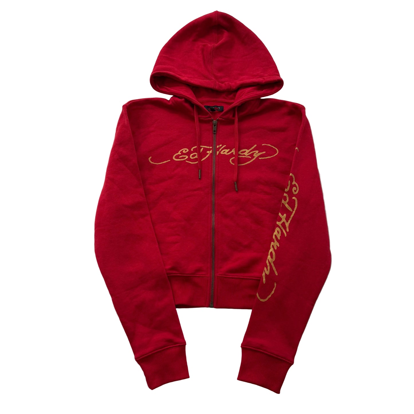 Ed Hardy Women's Red Cotton Full Zip Cropped Hoodie Dragon Graphic Y2K Size M