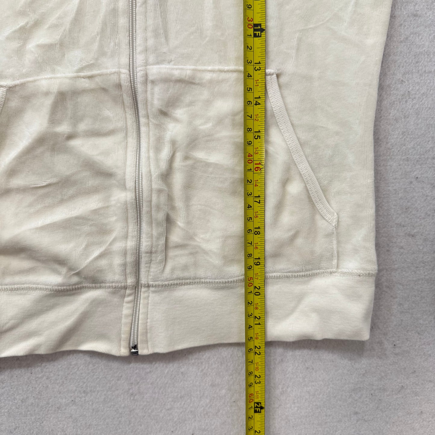 Juicy Couture Women's Ivory Velour Full Zip Hoodie Split Kangaroo Pockets Size M
