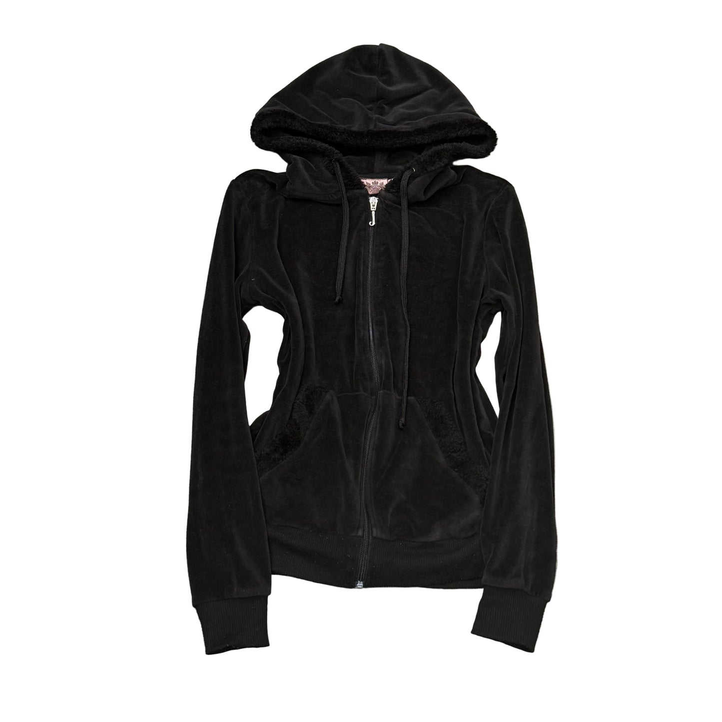 Vintage Juicy Couture Womens Black Velour Zip-Up Hoodie Loungewear Pocket Size S