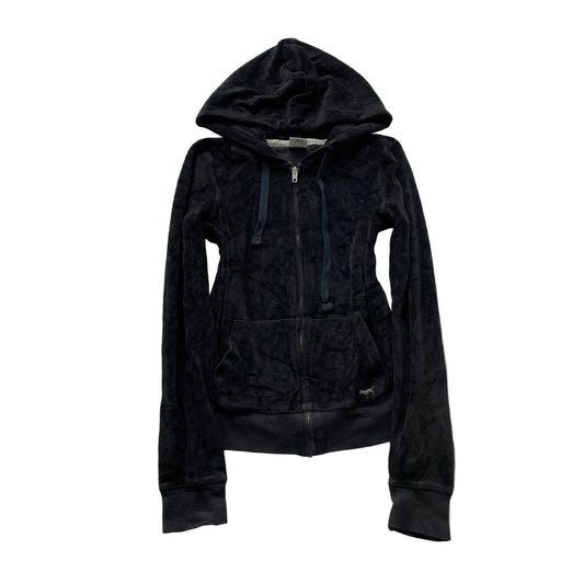 PINK Victoria's Secret Women's Black Velour Full Zip Hoodie Preppy Logo Size XS