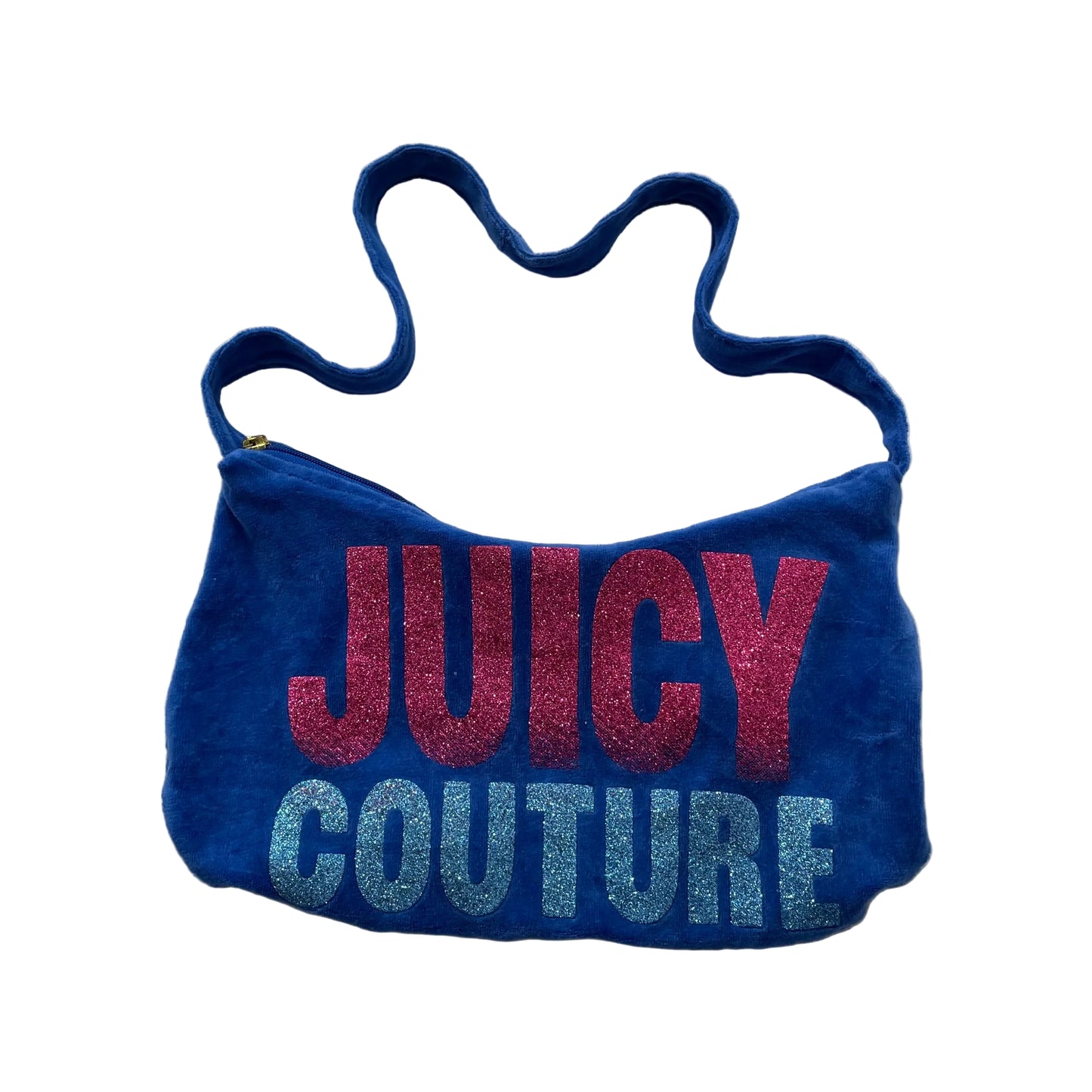 Juicy Couture Women's Cobalt Blue Velour Glitter Logo Classic Y2k Shoulder Bag