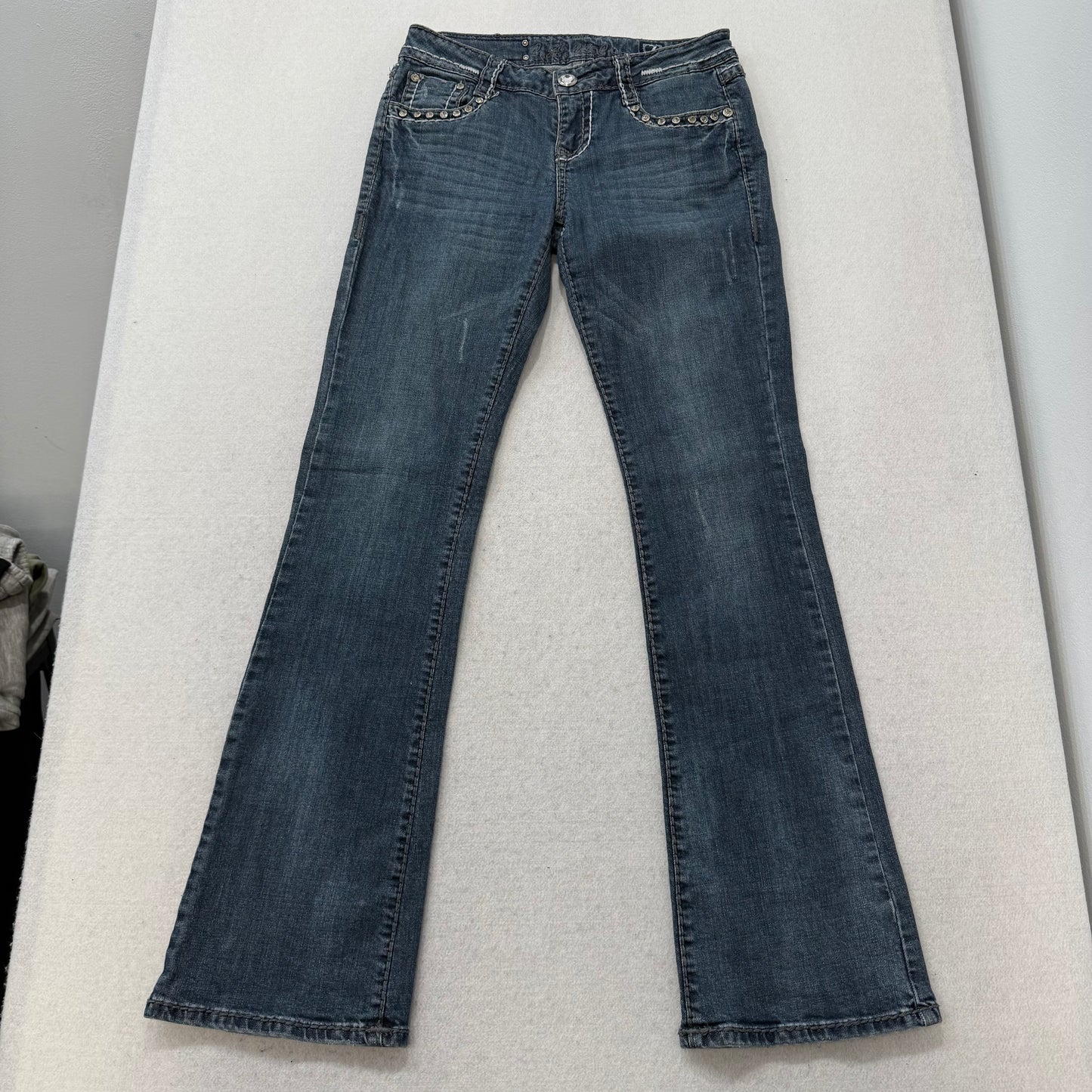 LA Idol Women's Dark Blue Denim Bootcut Jeans Rhinestone Back Flap Pocket Size 7