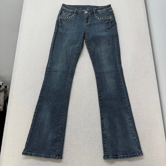 LA Idol Women's Dark Blue Denim Bootcut Jeans Rhinestone Back Flap Pocket Size 7