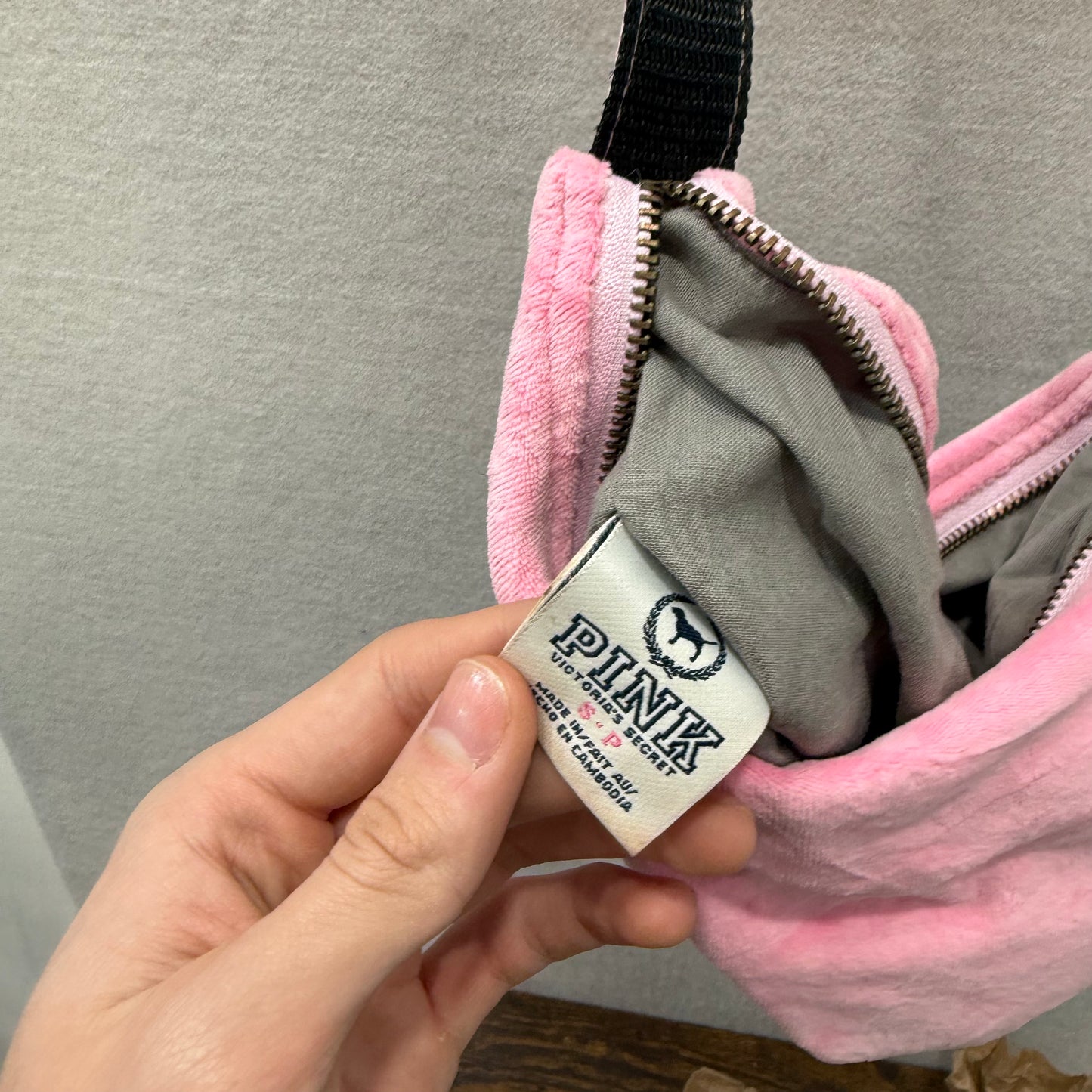 PINK by Victoria's Secret Pink Velour Casual Wear Logo Shoulder Baguette Bag
