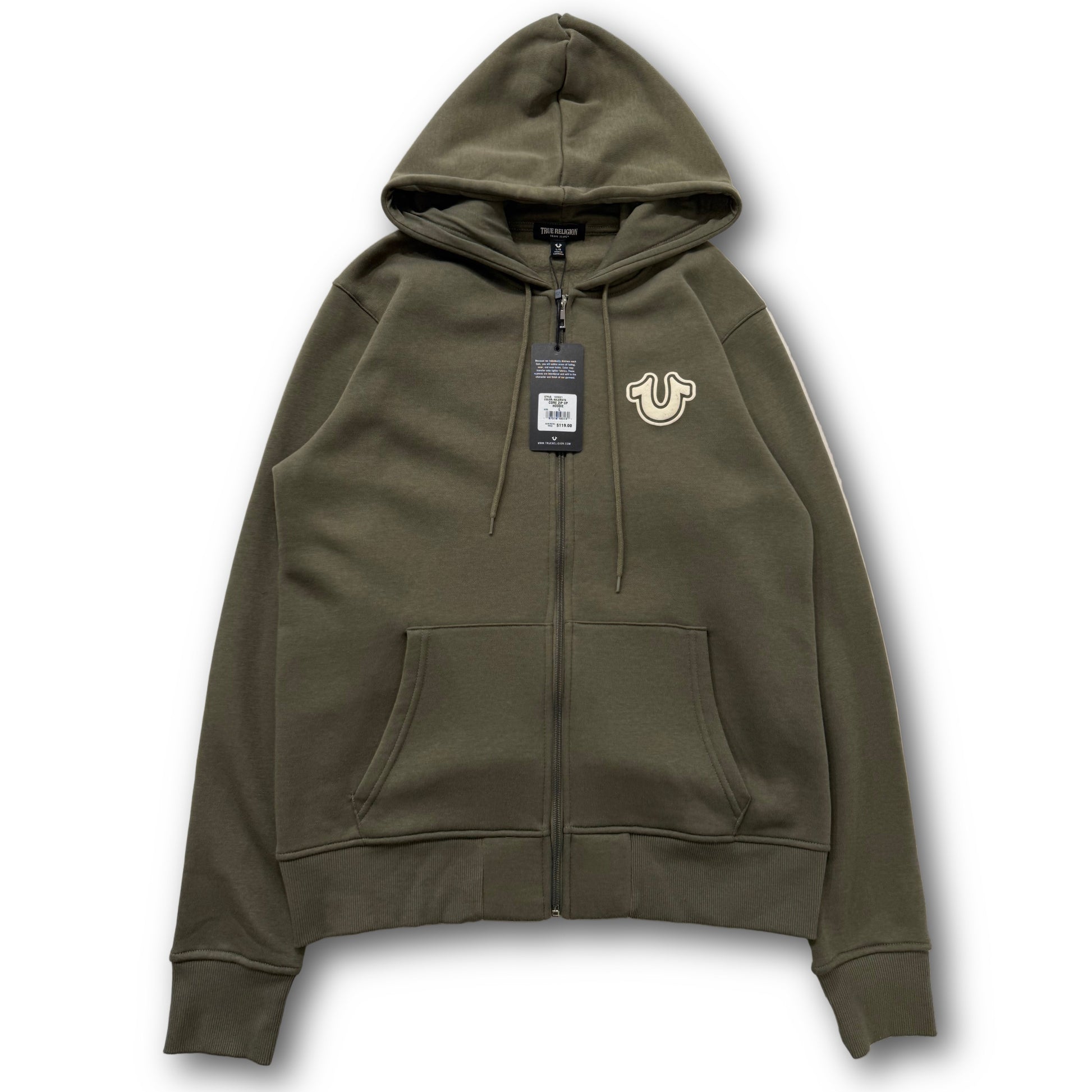 TRUE RELIGION Buddha PUFF PRINT Olive Zip Up Hoodie - Clean Curriculums 