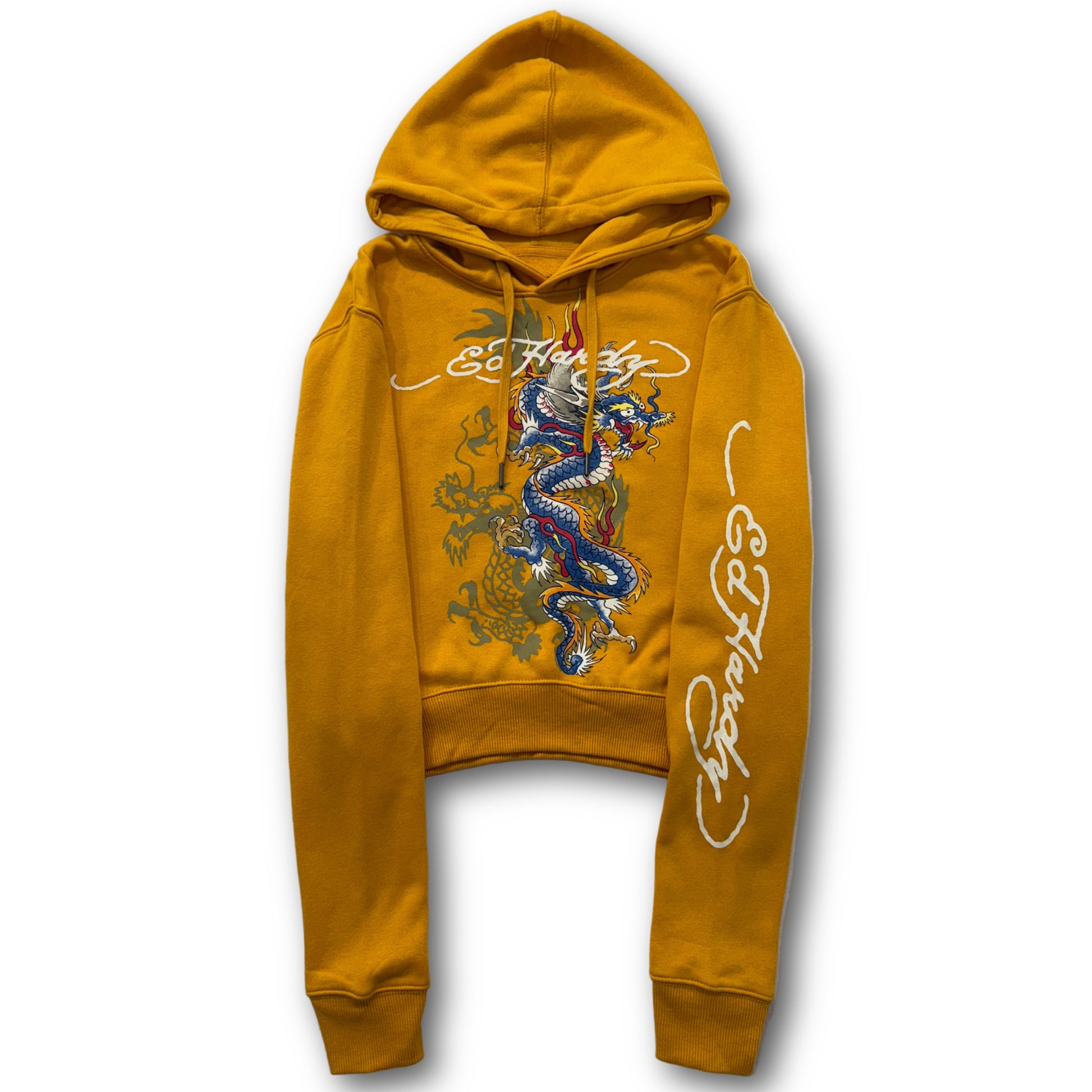 ED HARDY “Dragon” GOLDEN YELLOW CROPPED PULLOVER HOODIE - Clean Curriculums 