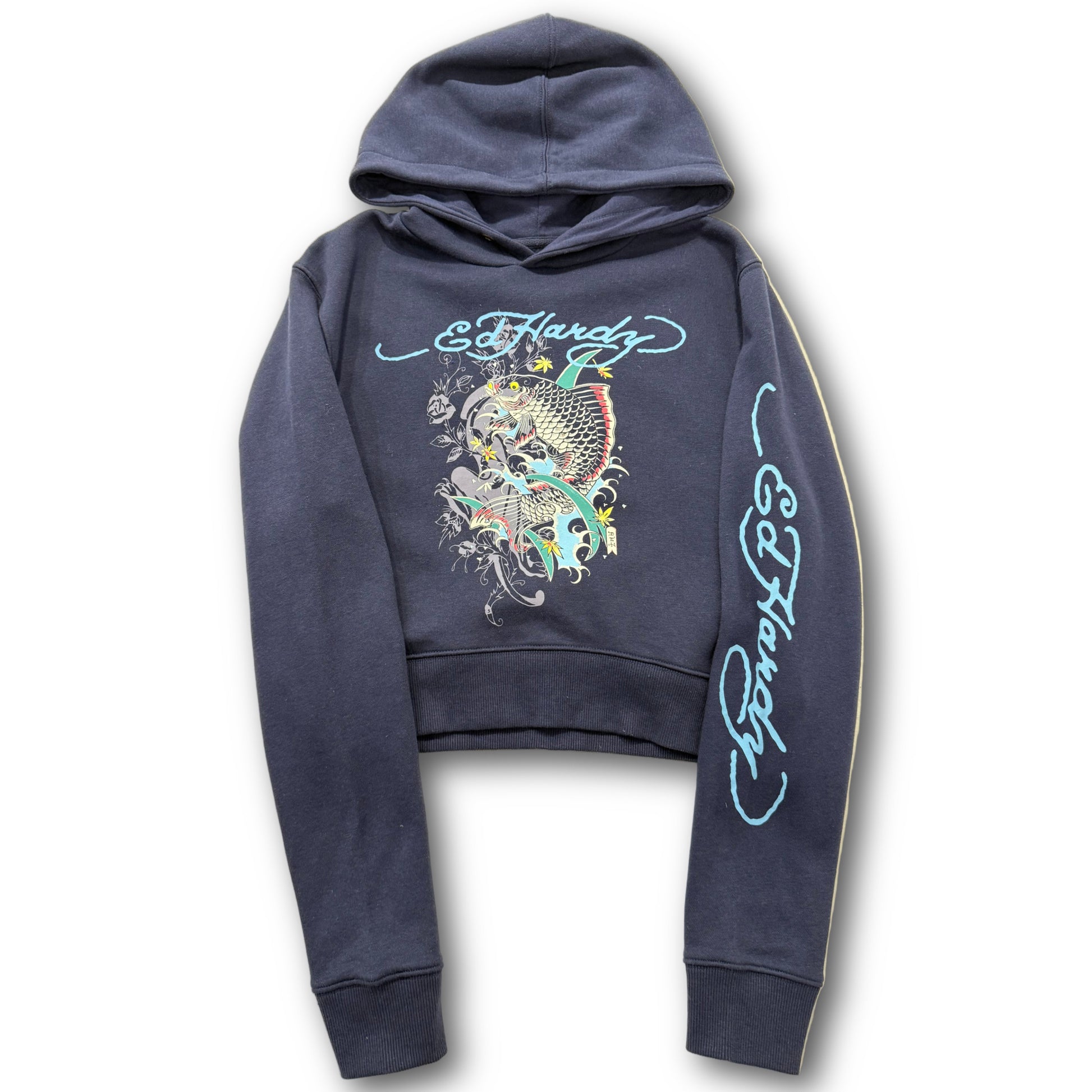 ED HARDY “Koi Fish” NAVY CROPPED PULLOVER HOODIE - Clean Curriculums 